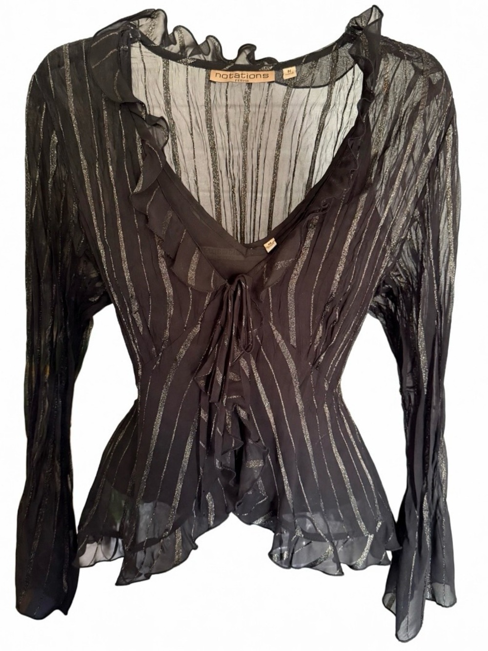 Vintage Y2K Notations Petite Black Sheer Metallic Stripe Ruffle Tie Blouse Sz PL